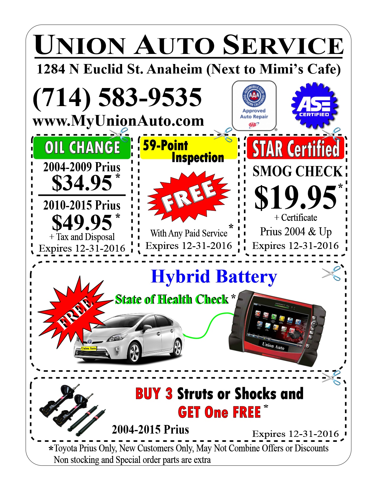 Free hybrid Battery test, prius maintenance required, prius maintenance, oil change coupon, discount coupons, smog check coupon, prius battery, toyota hybrid battery, Prius, Hybrid, Repair, Discount, Coupons, Ananehim